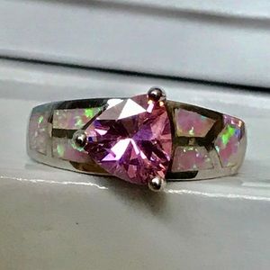 Solid .925 Sterling Silver Pink Topaz & Opal Ring